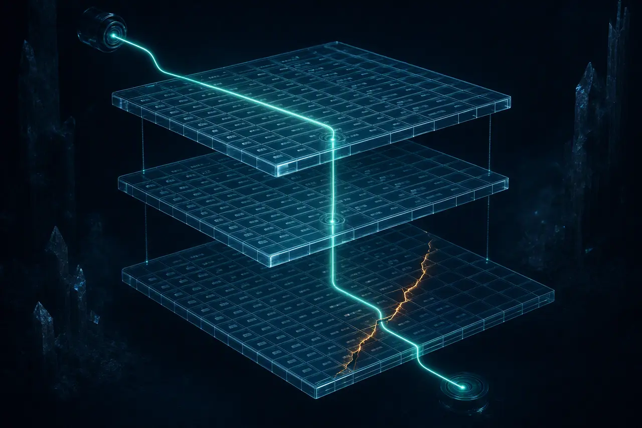 Three translucent database schema planes connected by a cyan replay path, with an amber fracture revealing divergence in the partial state.